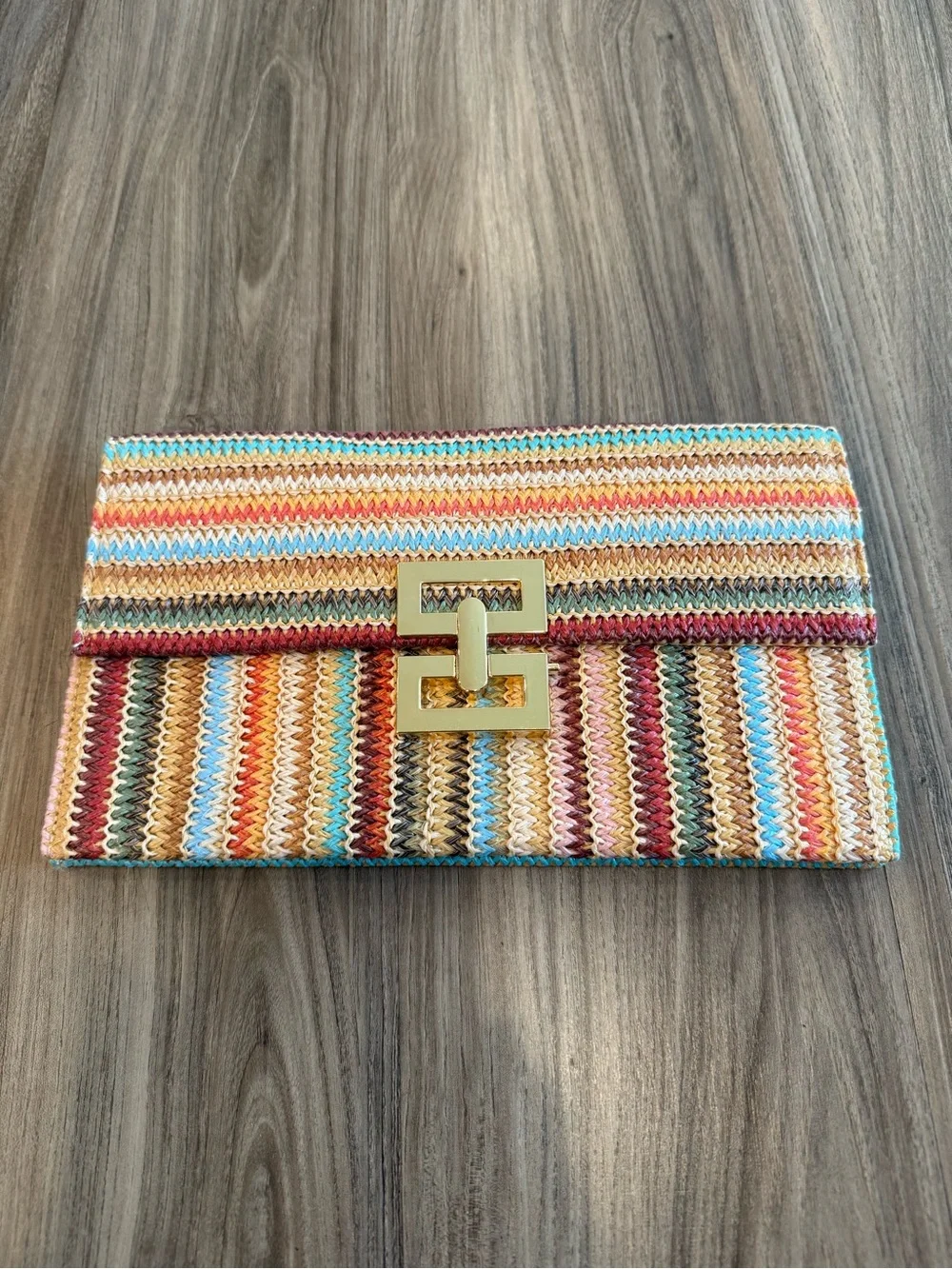 Colorful Striped Raffia Woven Vacation Clutch with Gold Clasp